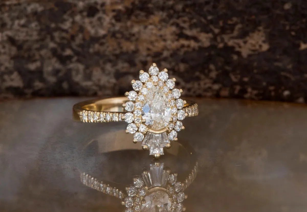 1.1 carat baguette diamond ring art deco- sunburst diamond engagement ring