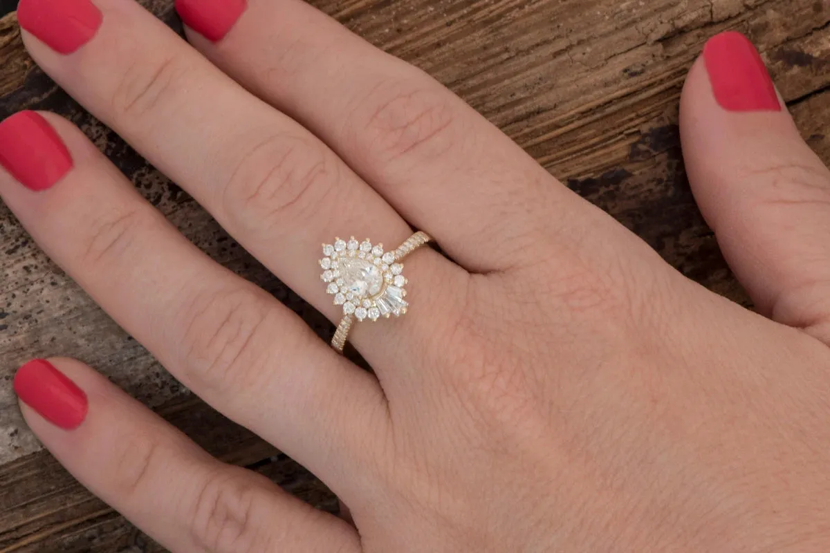 1.1 carat baguette diamond ring art deco- sunburst diamond engagement ring