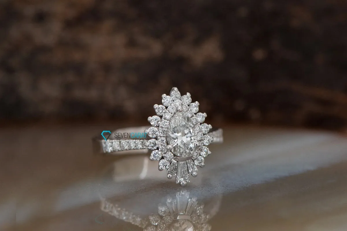 1.1 carat baguette diamond ring art deco- sunburst diamond engagement ring