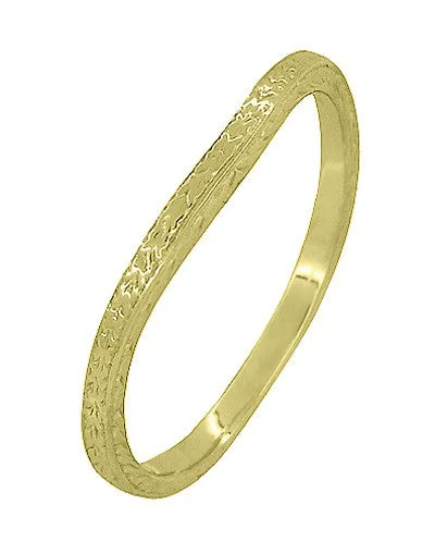 14 Karat Yellow Gold Art Deco Engraved Wheat Contoured Thin Wedding Ring