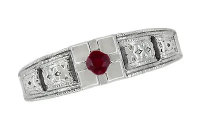 1920's Art Deco Engraved Ruby Band Ring in Sterling Silver