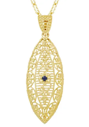 1920's Blue Sapphire Filigree Leaf Pendant Necklace in Yellow Gold Vermeil Over Sterling Silver