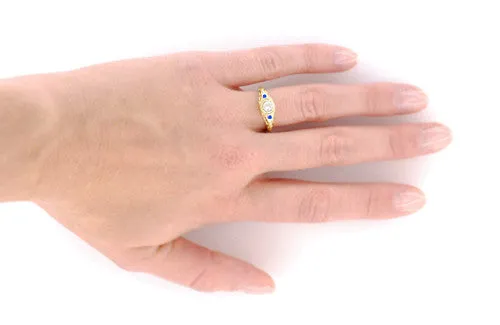 1920's Yellow Gold Low Dome Art Deco Engraved Filigree Diamond Engagement Ring with Side Blue Sapphires