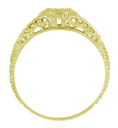 1920's Yellow Gold Low Dome Art Deco Engraved Filigree Diamond Engagement Ring with Side Blue Sapphires