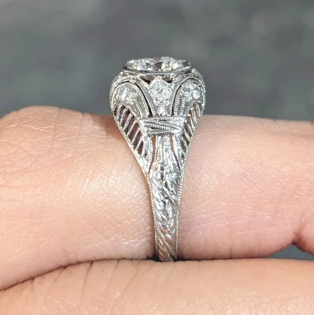 1928 Art Deco 0.56 CTW Old European Diamond Platinum Fleur-De-Lis Vintage Engagement Ring