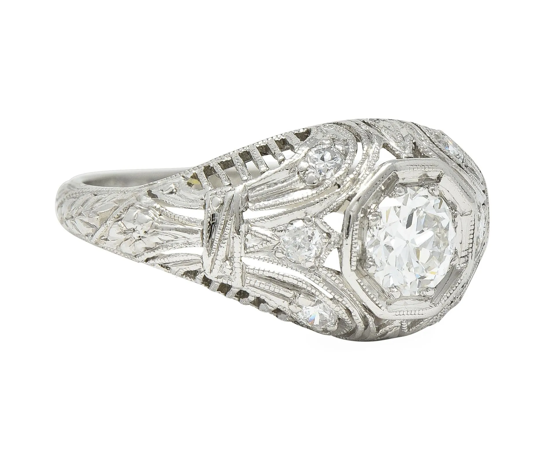 1928 Art Deco 0.56 CTW Old European Diamond Platinum Fleur-De-Lis Vintage Engagement Ring