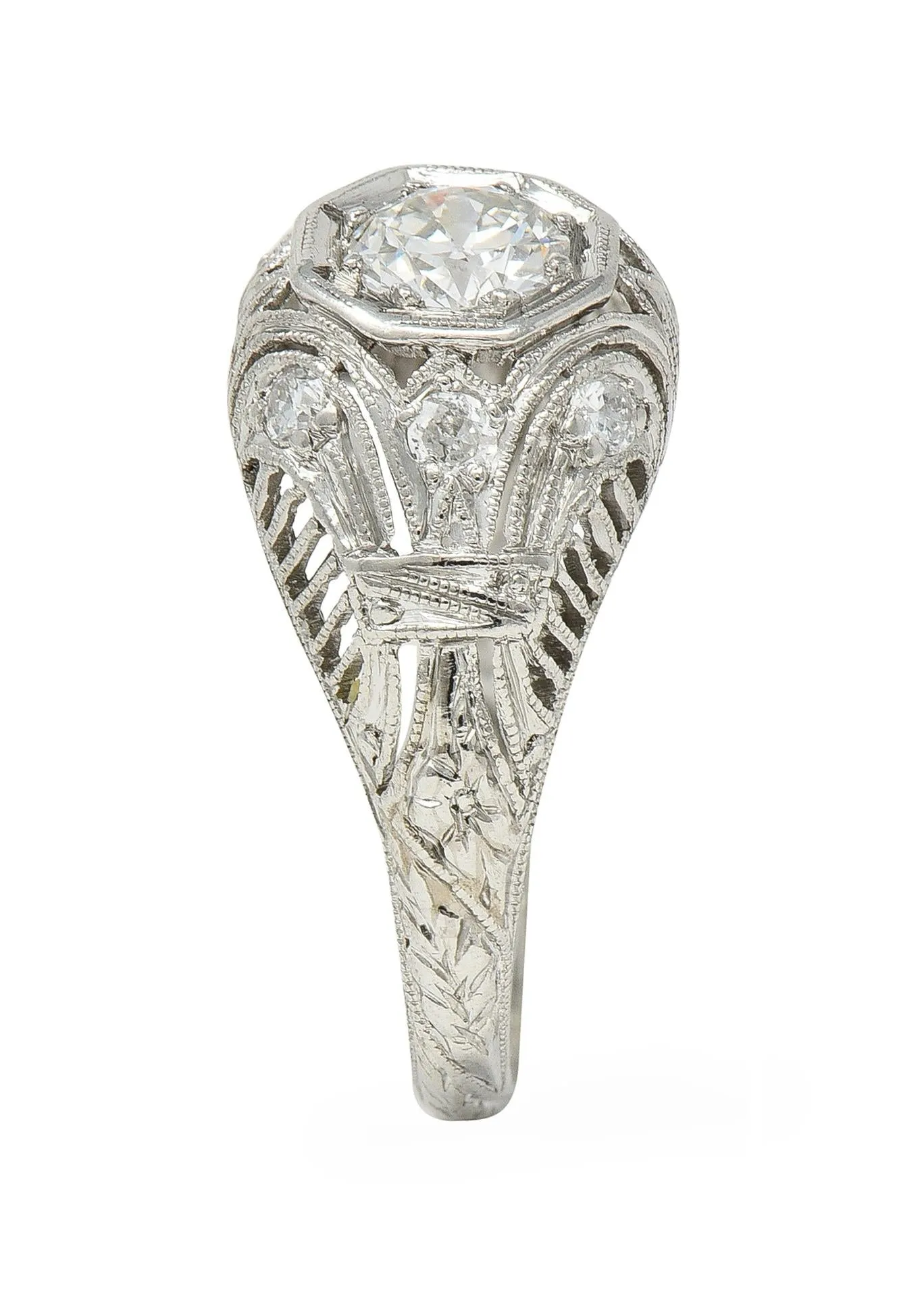 1928 Art Deco 0.56 CTW Old European Diamond Platinum Fleur-De-Lis Vintage Engagement Ring
