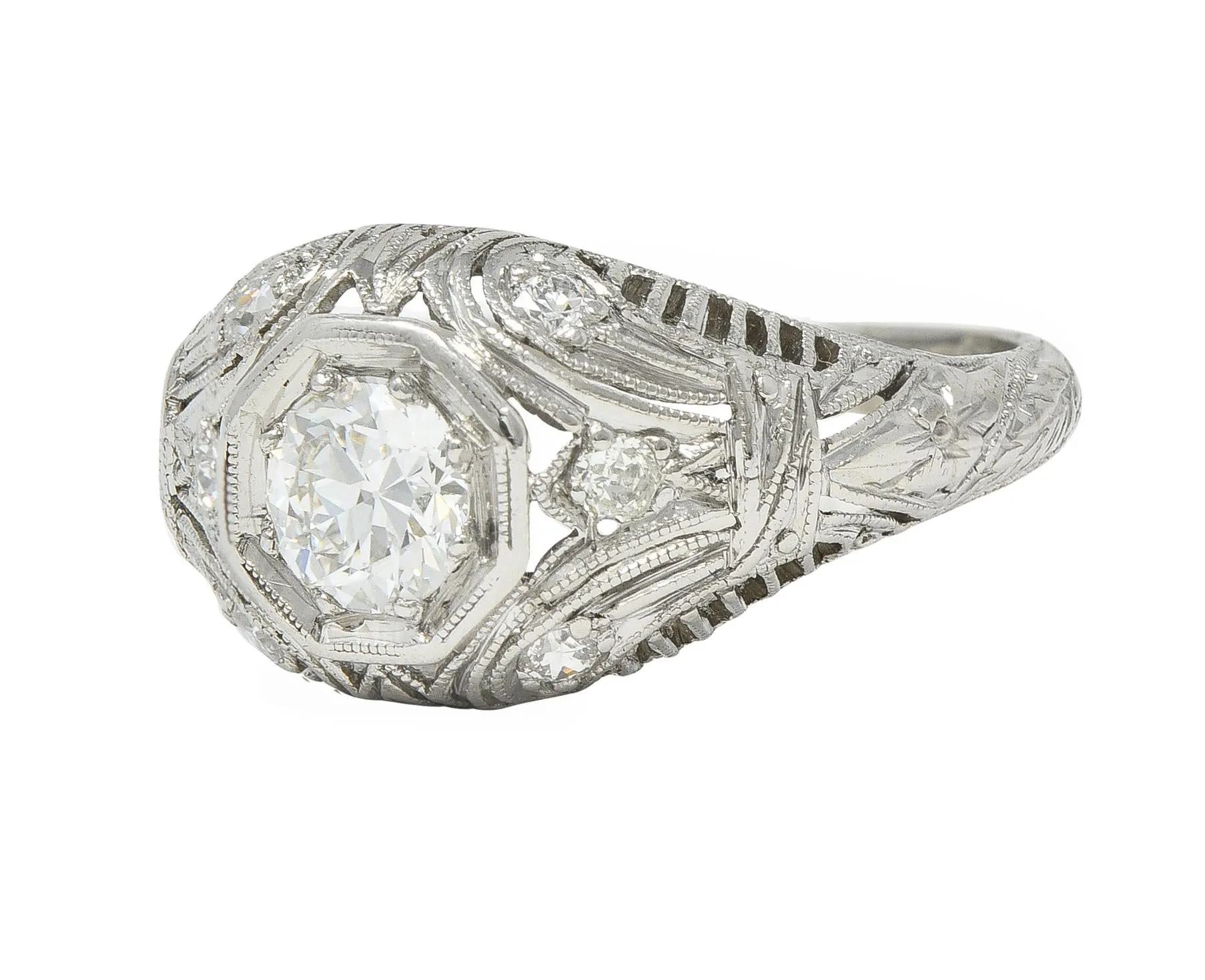1928 Art Deco 0.56 CTW Old European Diamond Platinum Fleur-De-Lis Vintage Engagement Ring