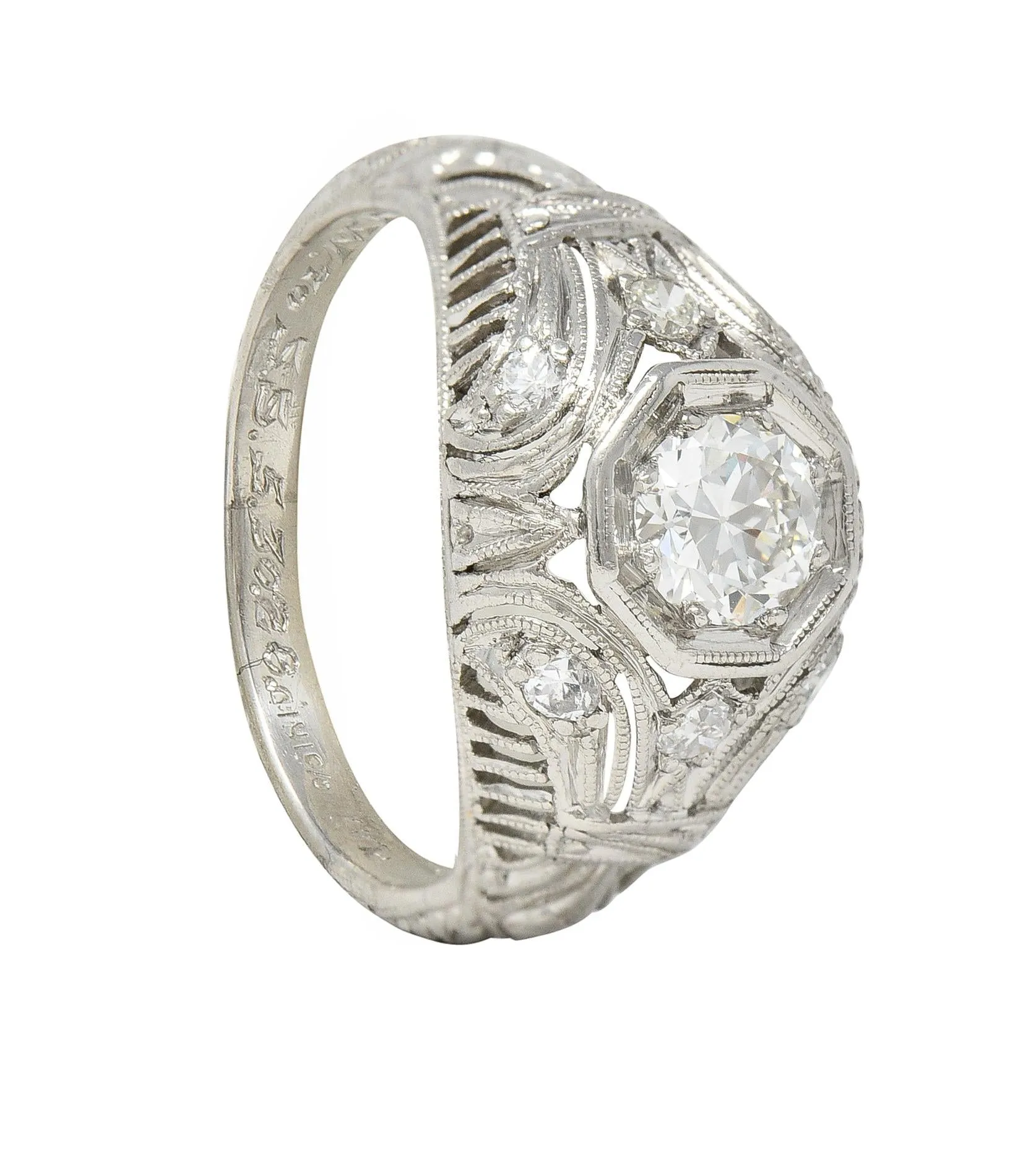 1928 Art Deco 0.56 CTW Old European Diamond Platinum Fleur-De-Lis Vintage Engagement Ring