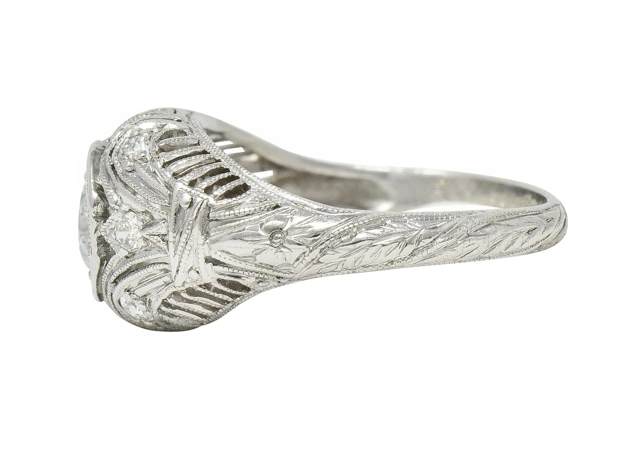 1928 Art Deco 0.56 CTW Old European Diamond Platinum Fleur-De-Lis Vintage Engagement Ring