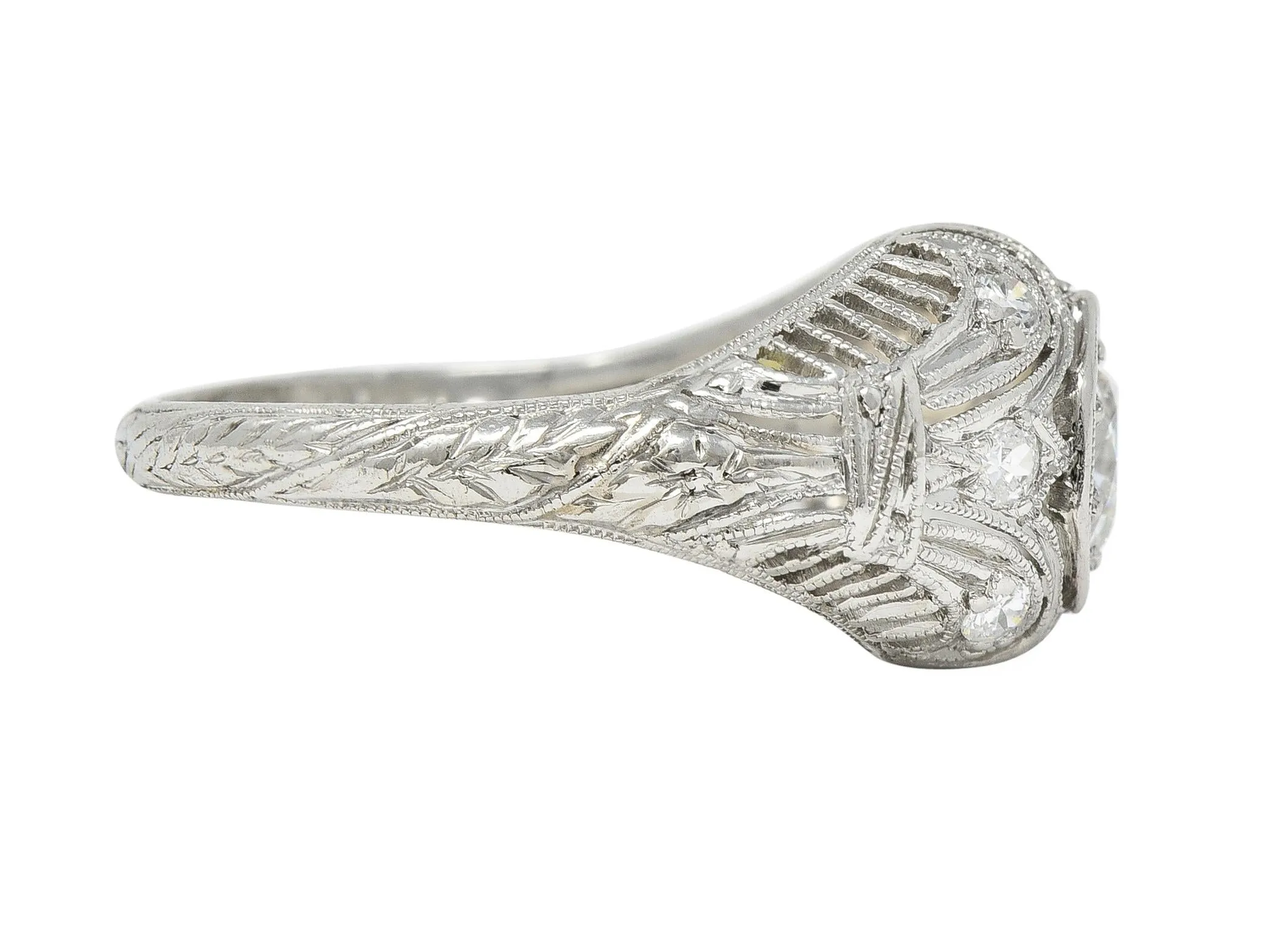 1928 Art Deco 0.56 CTW Old European Diamond Platinum Fleur-De-Lis Vintage Engagement Ring