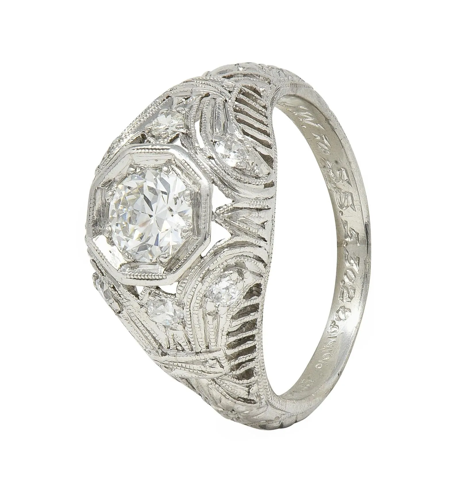 1928 Art Deco 0.56 CTW Old European Diamond Platinum Fleur-De-Lis Vintage Engagement Ring