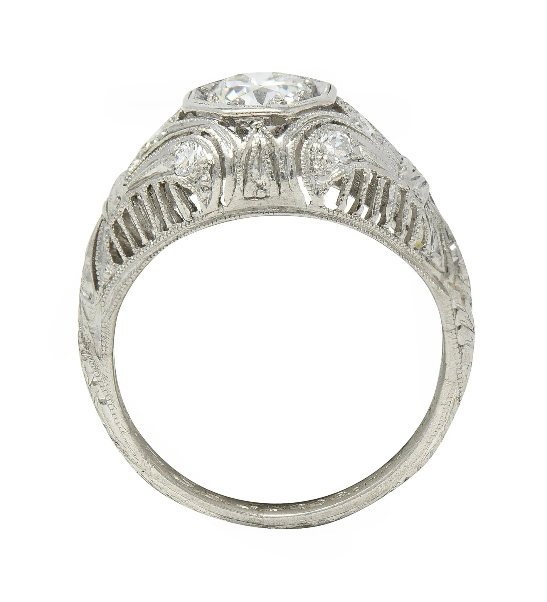 1928 Art Deco 0.56 CTW Old European Diamond Platinum Fleur-De-Lis Vintage Engagement Ring