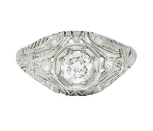 1928 Art Deco 0.56 CTW Old European Diamond Platinum Fleur-De-Lis Vintage Engagement Ring