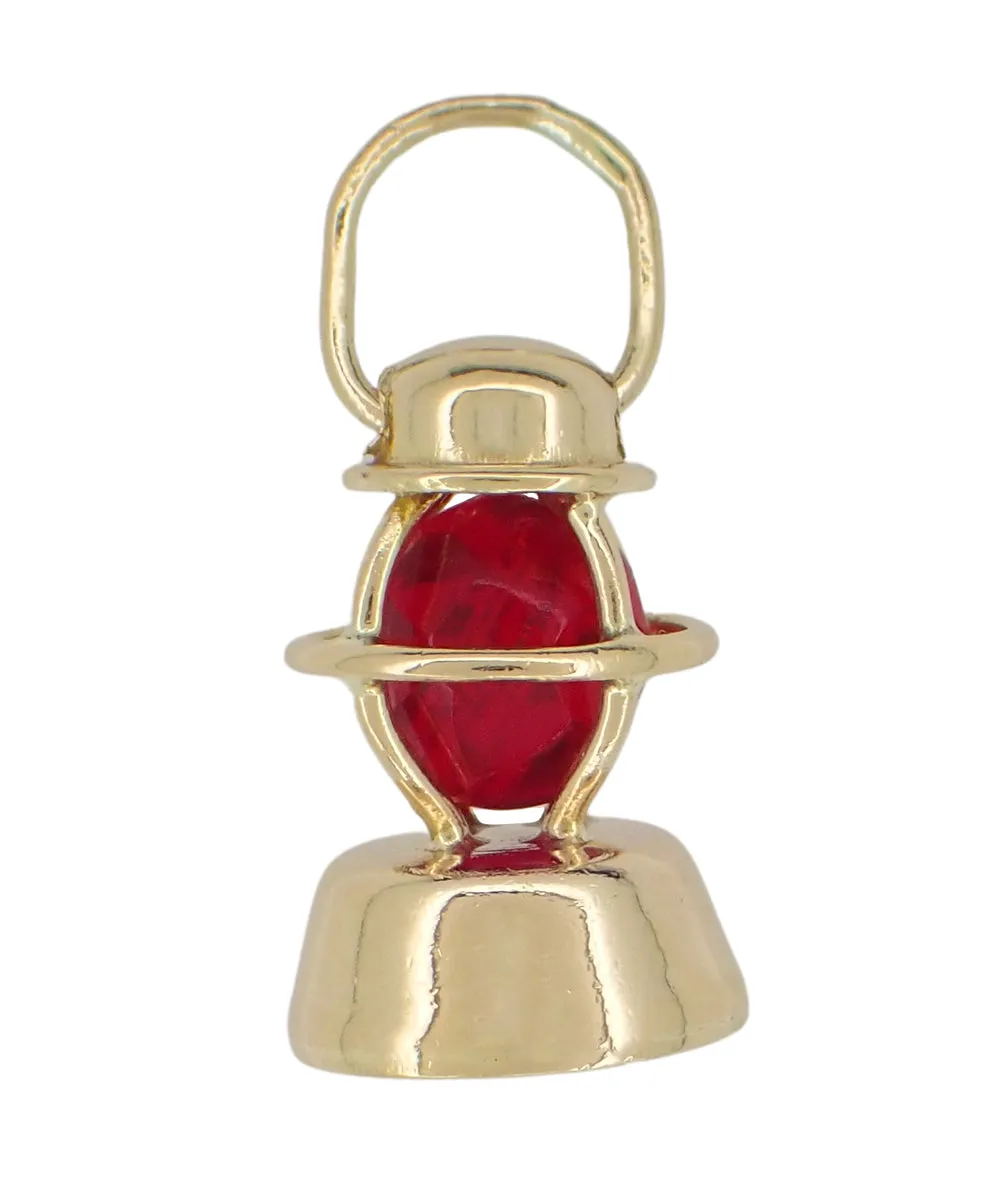 1950's Vintage Red Lens Railroad Lantern Charm in 14 Karat Yellow Gold