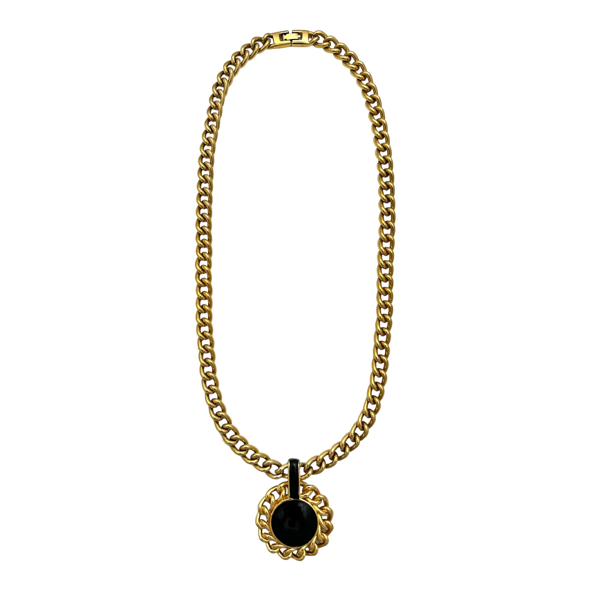 1980's Vintage MONET Black Enamel Medallion Chunky Gold Curb Chain 22”