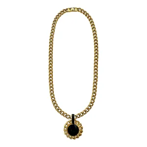 1980's Vintage MONET Black Enamel Medallion Chunky Gold Curb Chain 22”