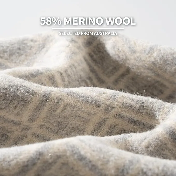 ACUSHLA Merino Wool Blanket - Soft Warm Thick Washable Large Bed Couch Camping Outdoor Travel Throw Blanket All Weather, Plaid Grey 79X63