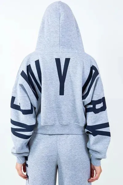 American Bazi Letter Graphic Long Sleeve Drawstring Cropped Hoodie