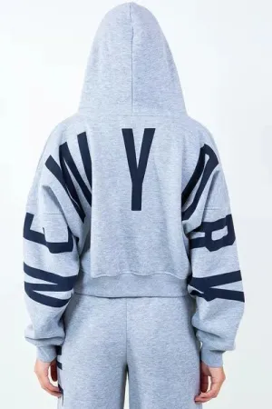 American Bazi Letter Graphic Long Sleeve Drawstring Cropped Hoodie