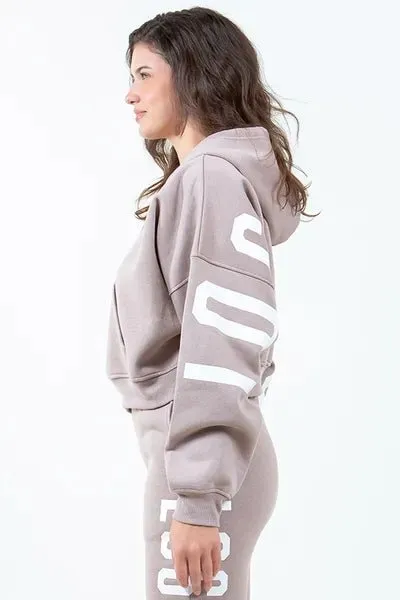 American Bazi Letter Graphic Long Sleeve Drawstring Cropped Hoodie