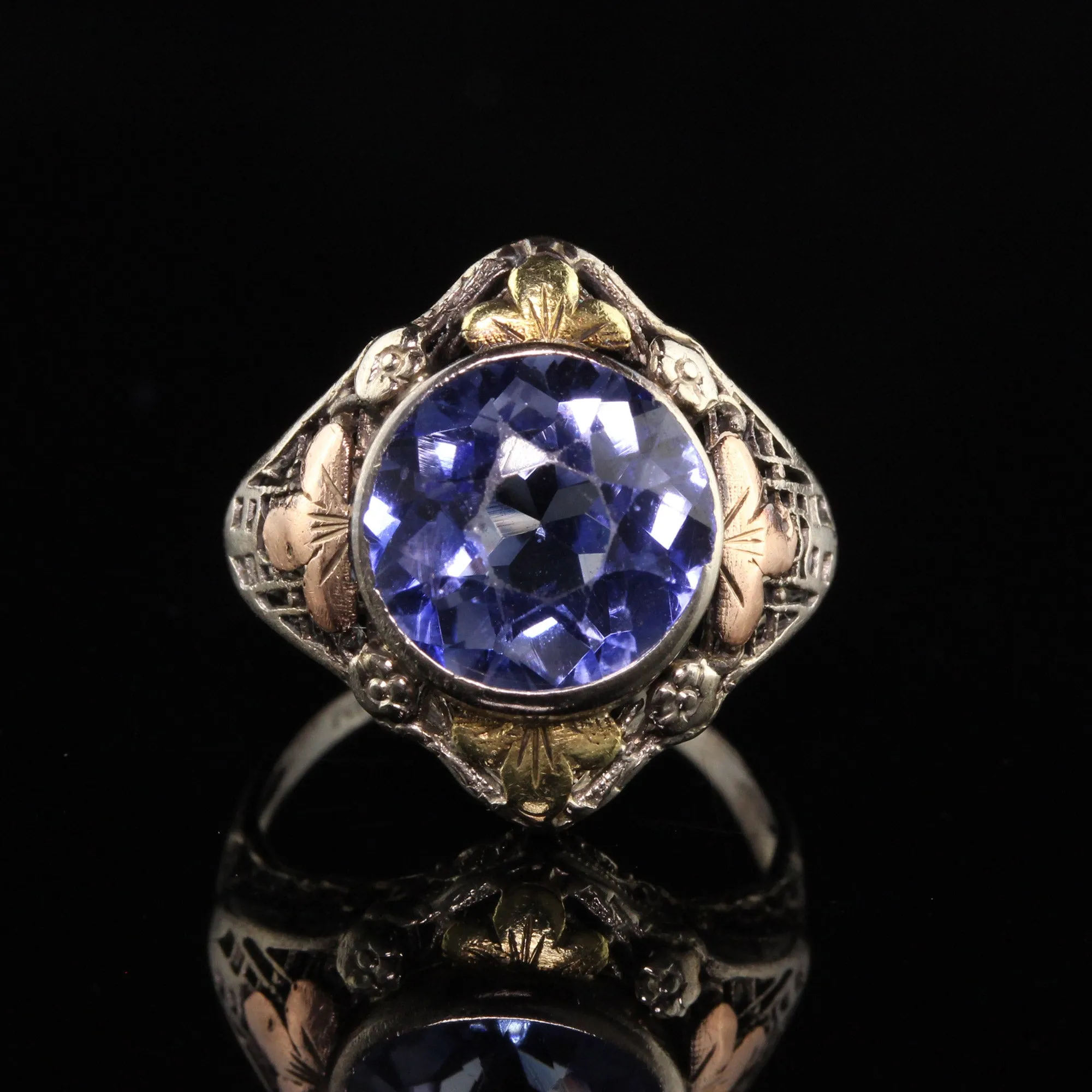 Antique Art Deco 14K White Gold Tri Gold Filigree Ring
