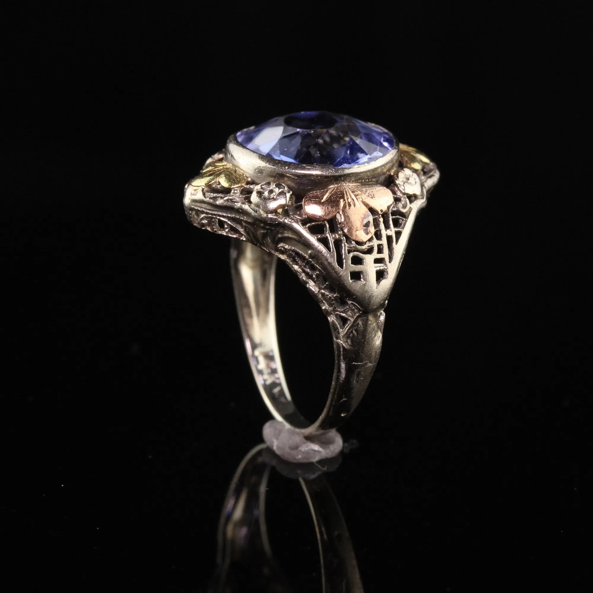 Antique Art Deco 14K White Gold Tri Gold Filigree Ring