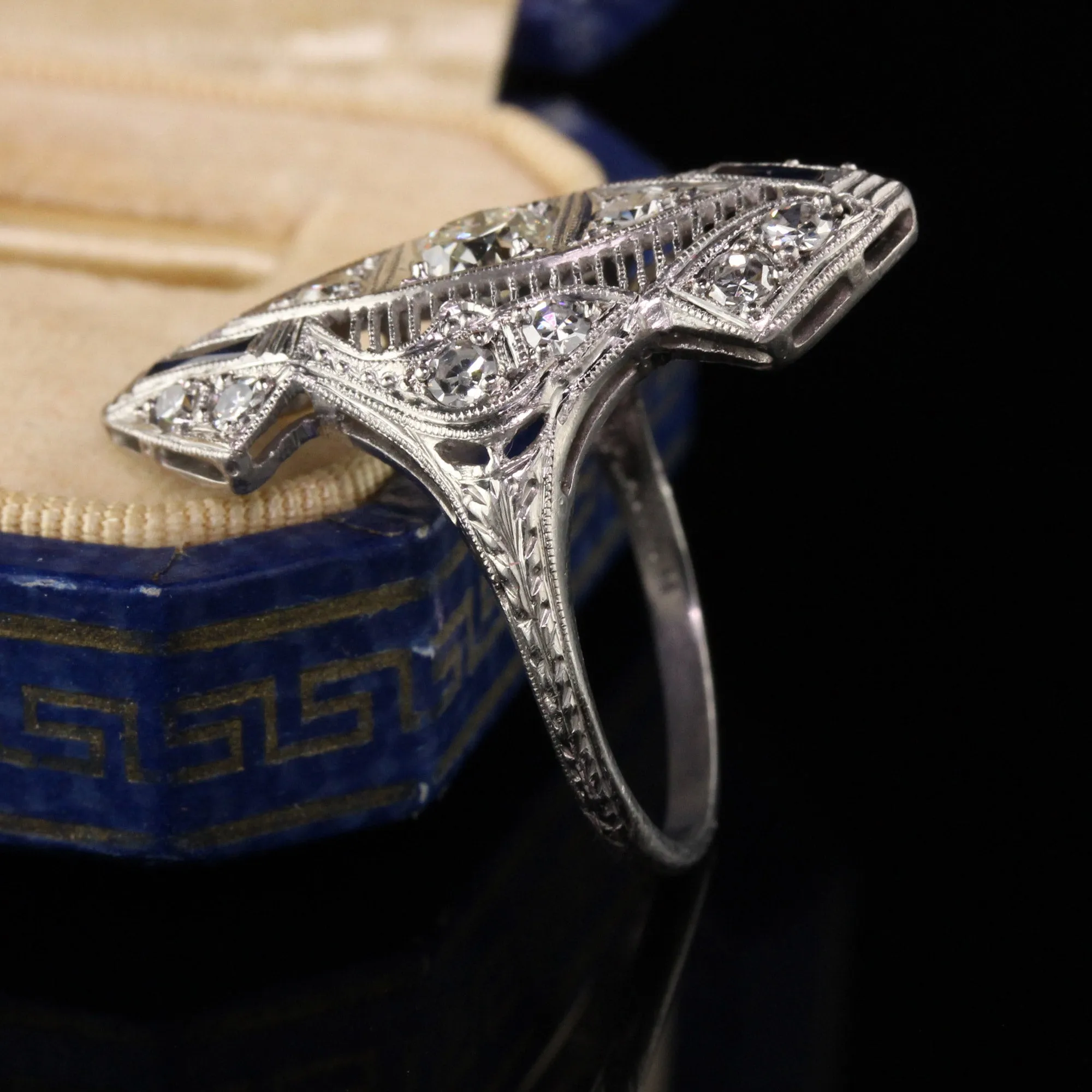 Antique Art Deco Platinum Old European Cut Diamond Sapphire Shield Ring