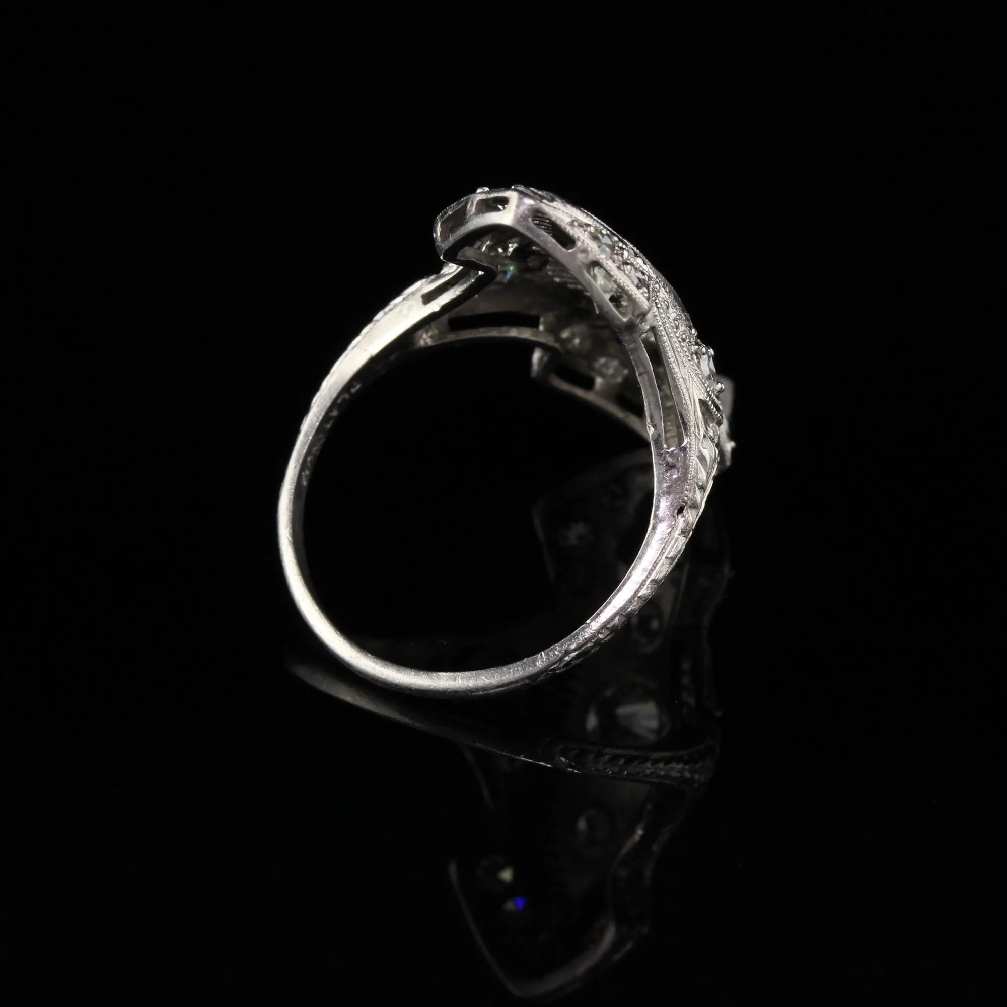 Antique Art Deco Platinum Old European Cut Diamond Sapphire Shield Ring