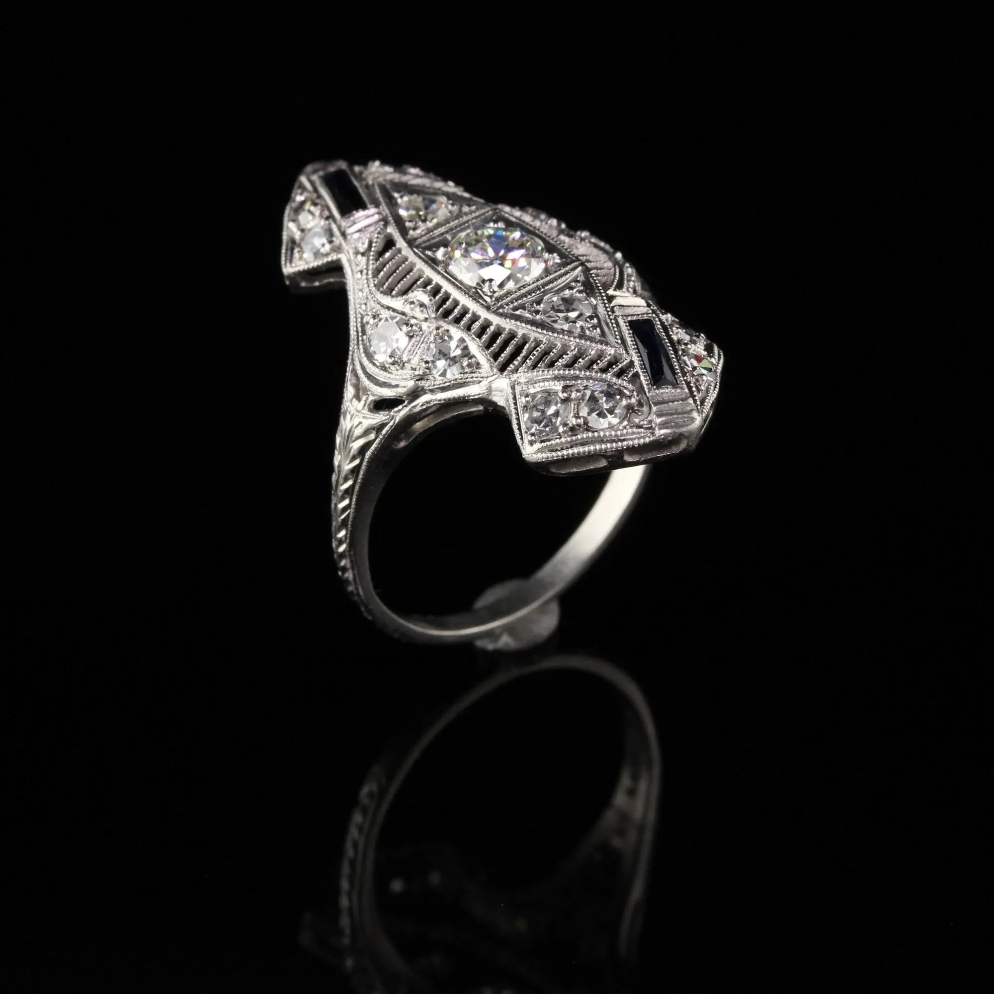 Antique Art Deco Platinum Old European Cut Diamond Sapphire Shield Ring