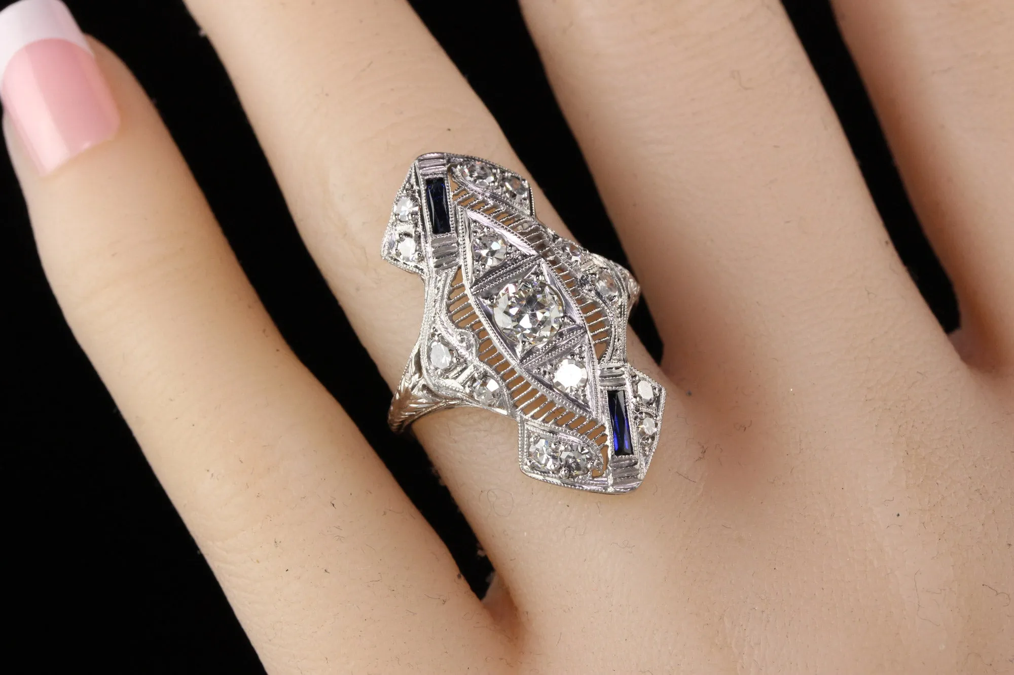 Antique Art Deco Platinum Old European Cut Diamond Sapphire Shield Ring