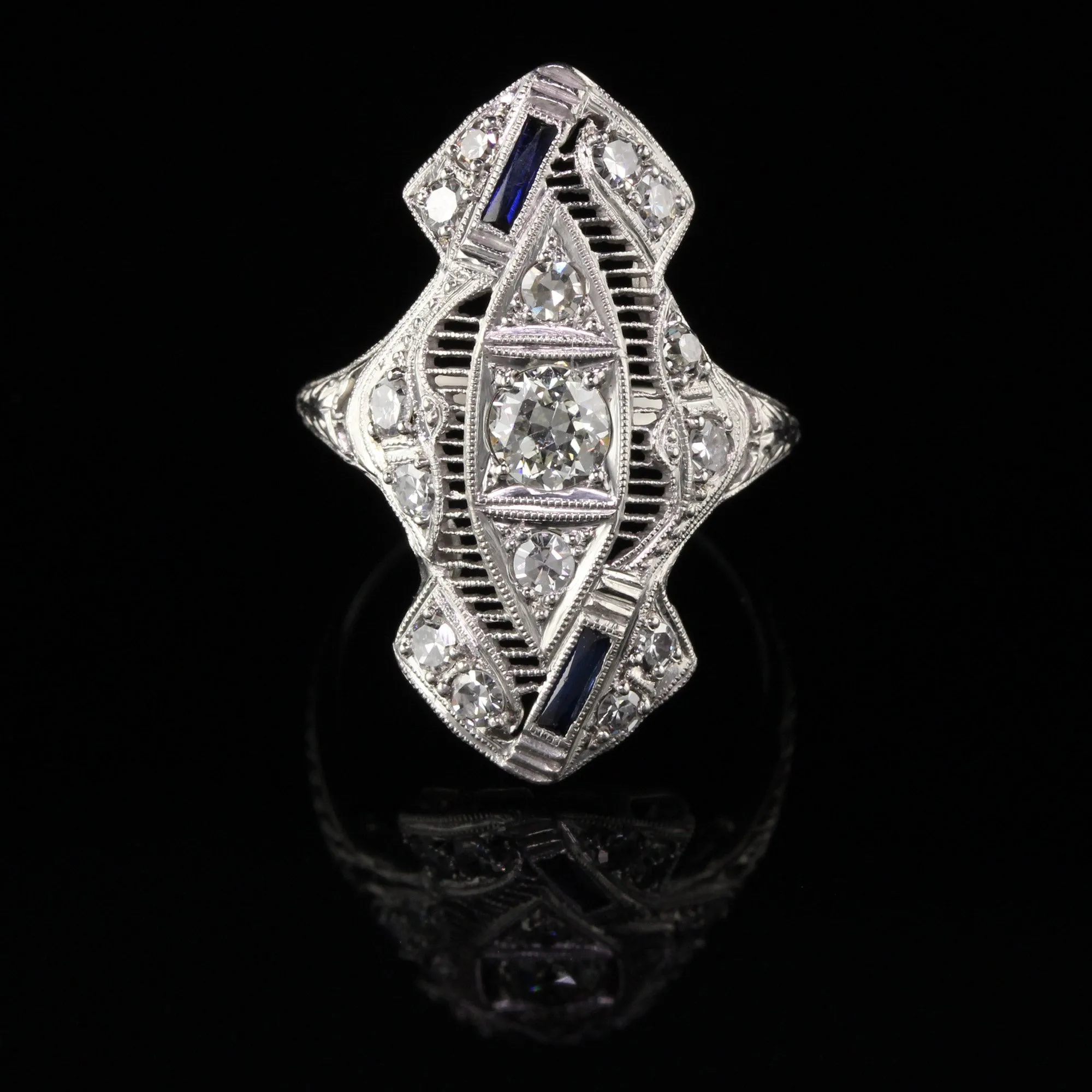 Antique Art Deco Platinum Old European Cut Diamond Sapphire Shield Ring