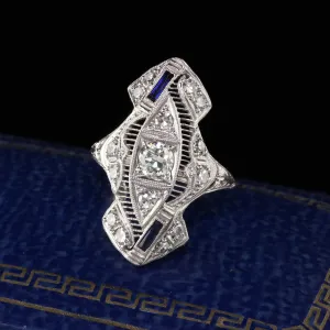 Antique Art Deco Platinum Old European Cut Diamond Sapphire Shield Ring