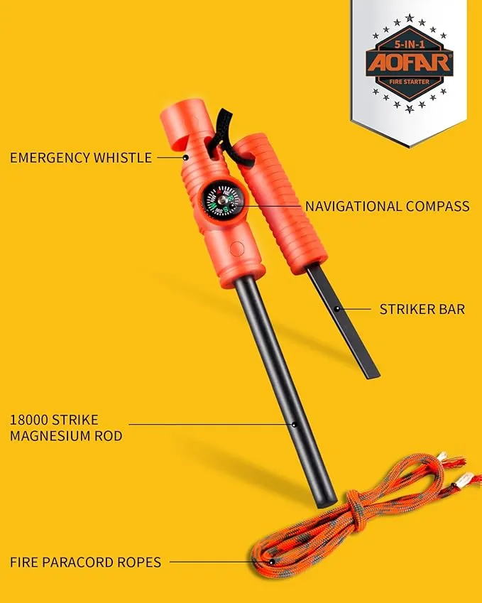 AOFAR Fire Starter AF-381/AF-381plus Fire Steel with Paracord and Whistle for Camping, Hiking, Hunting, Backpacking, Boating, Emergency Rescue…