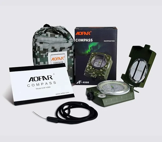 AOFAR Military Compass,AF-4580 Lensatic Sighting, Waterproof and Shakeproof with Map Measurer Distance Calculator, Pouch for Camping, Hiking
