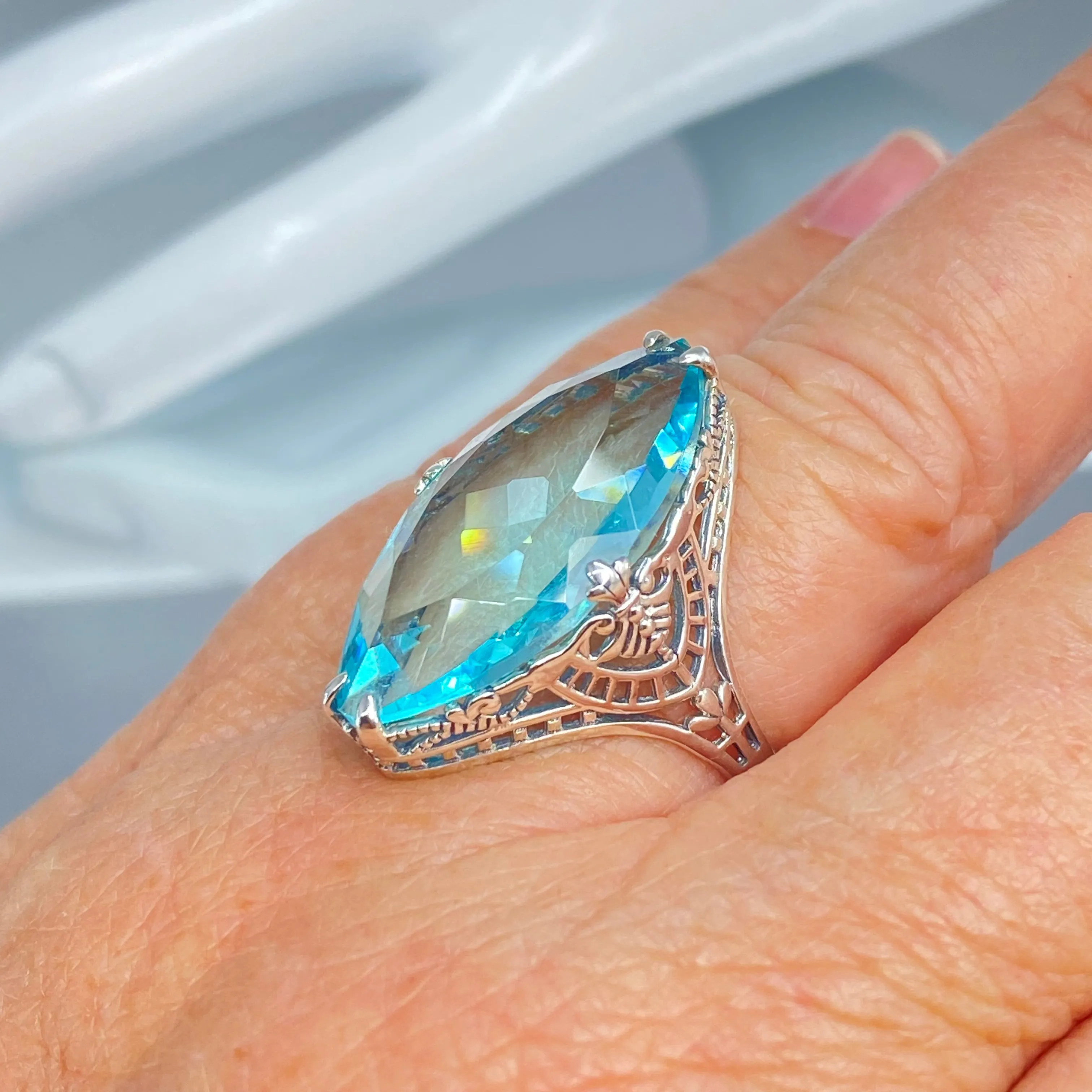 Aquamarine Ring, Marquise Cut Gemstone, Victorian Filigree Jewelry #D75