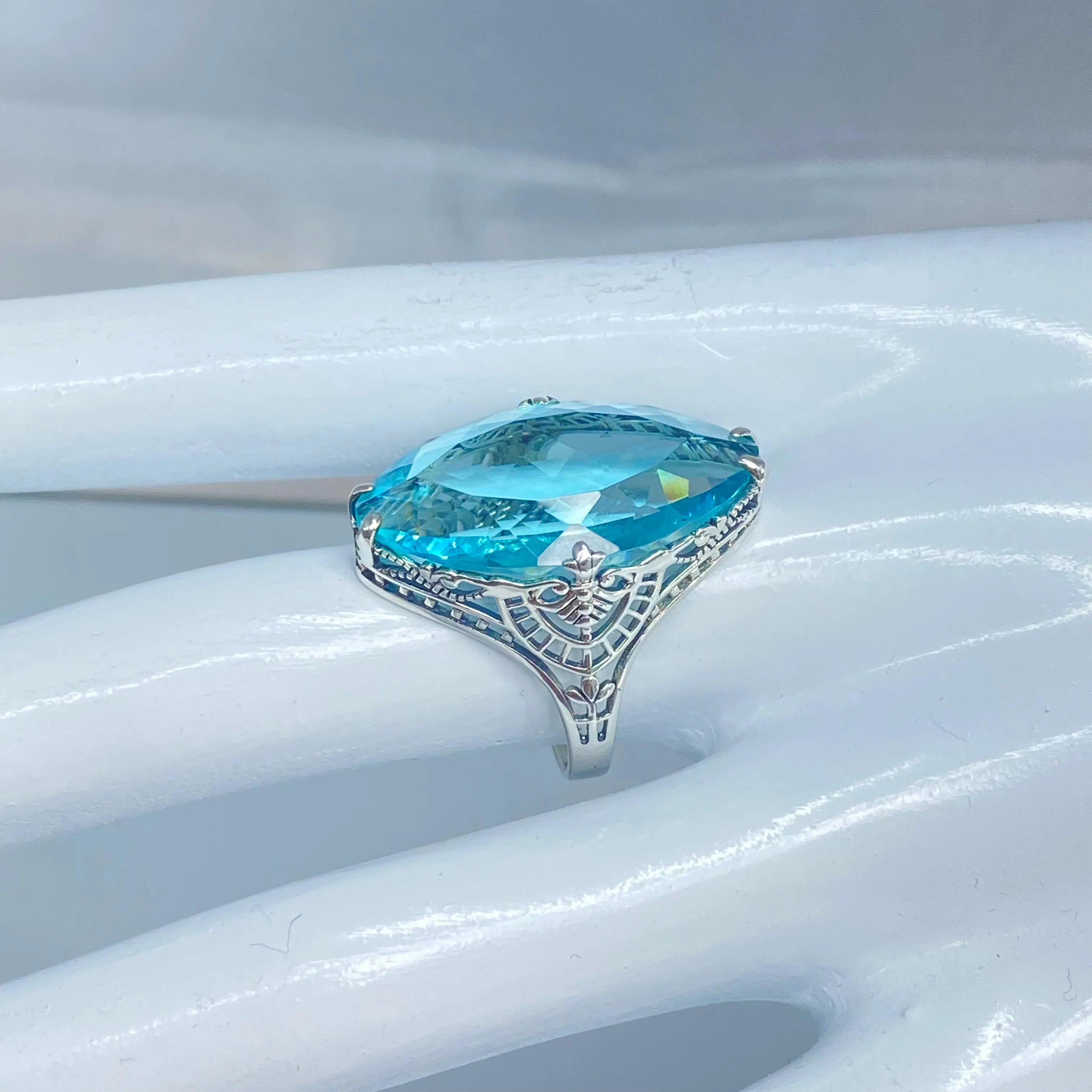 Aquamarine Ring, Marquise Cut Gemstone, Victorian Filigree Jewelry #D75