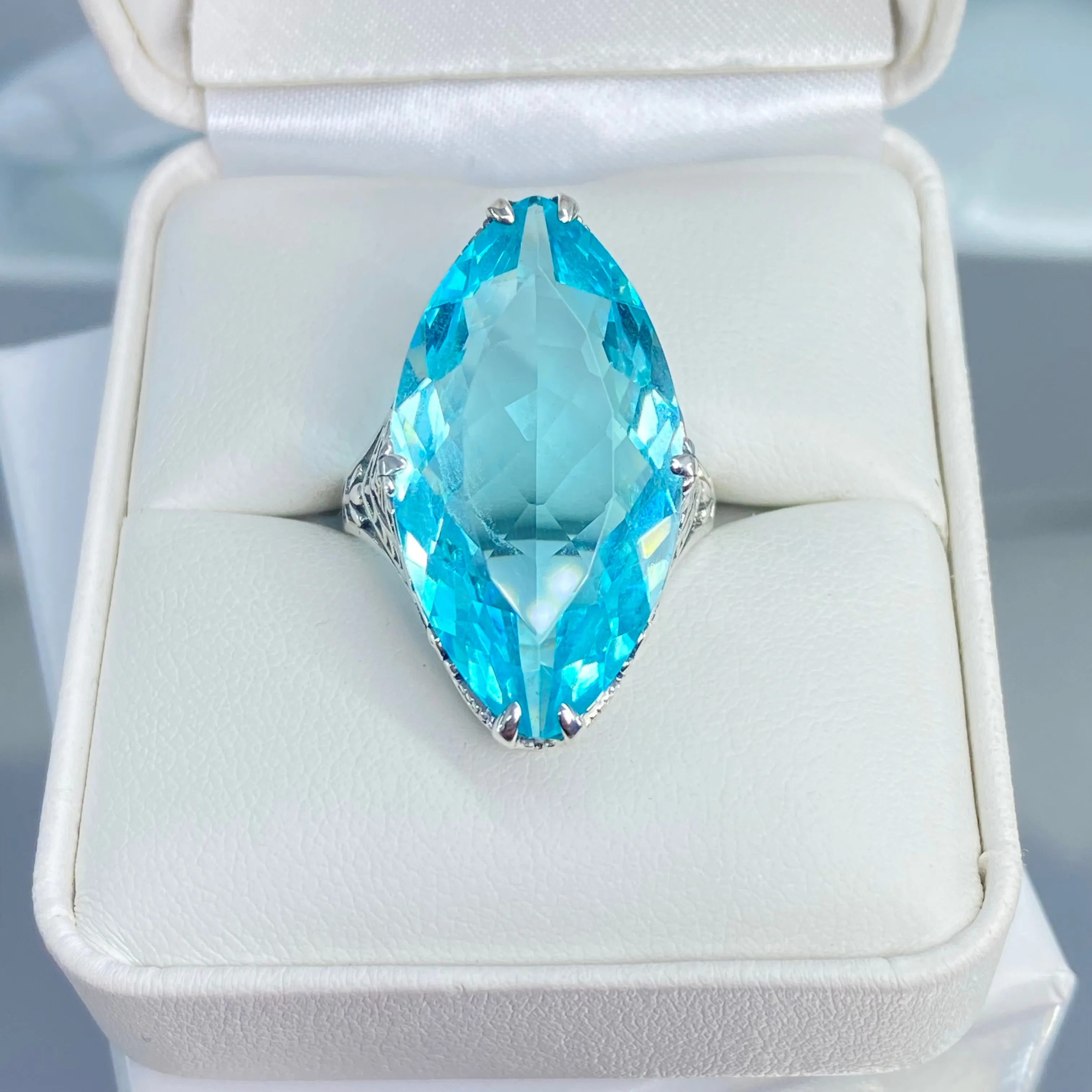 Aquamarine Ring, Marquise Cut Gemstone, Victorian Filigree Jewelry #D75
