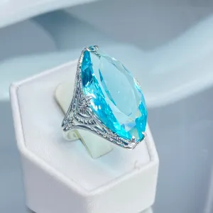 Aquamarine Ring, Marquise Cut Gemstone, Victorian Filigree Jewelry #D75