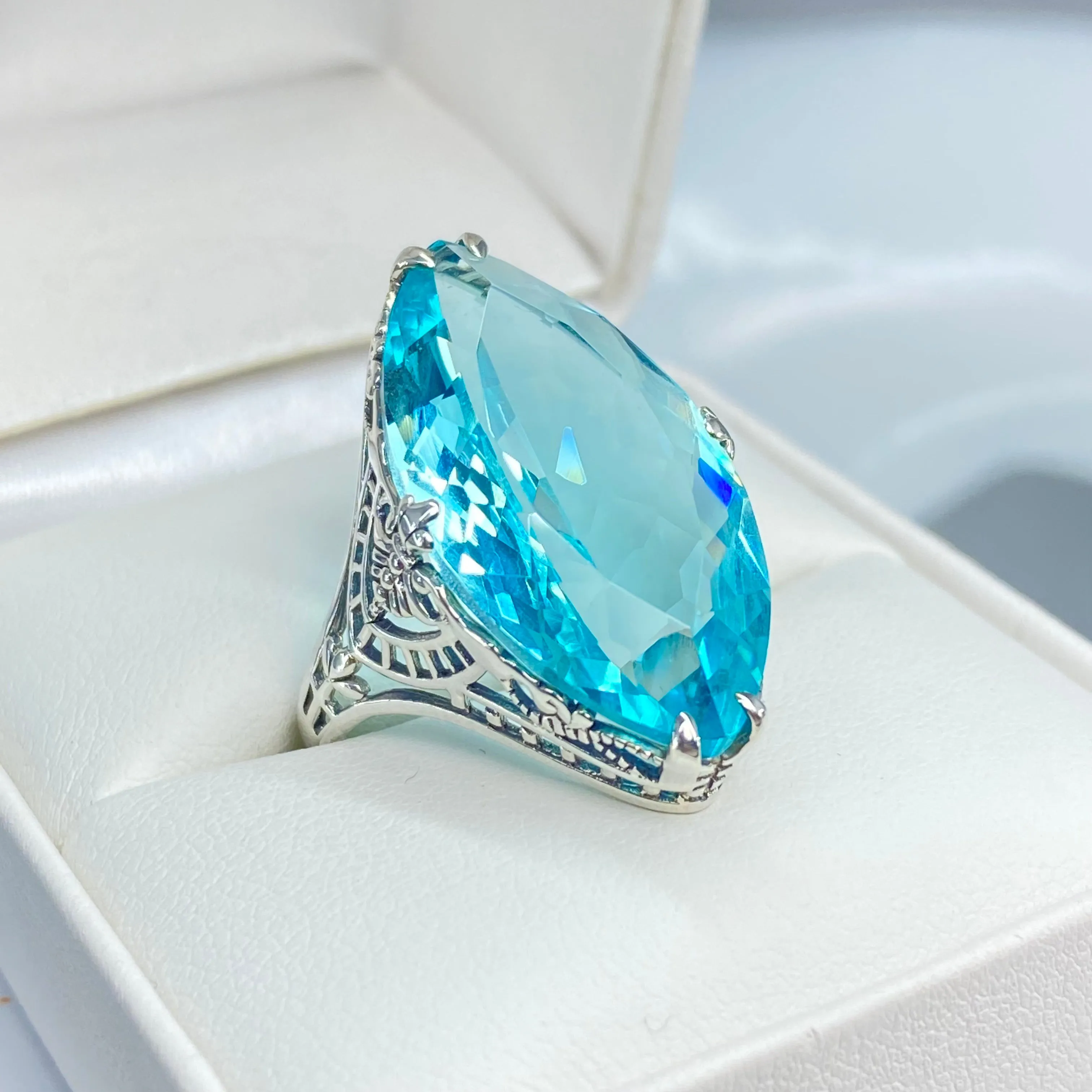 Aquamarine Ring, Marquise Cut Gemstone, Victorian Filigree Jewelry #D75
