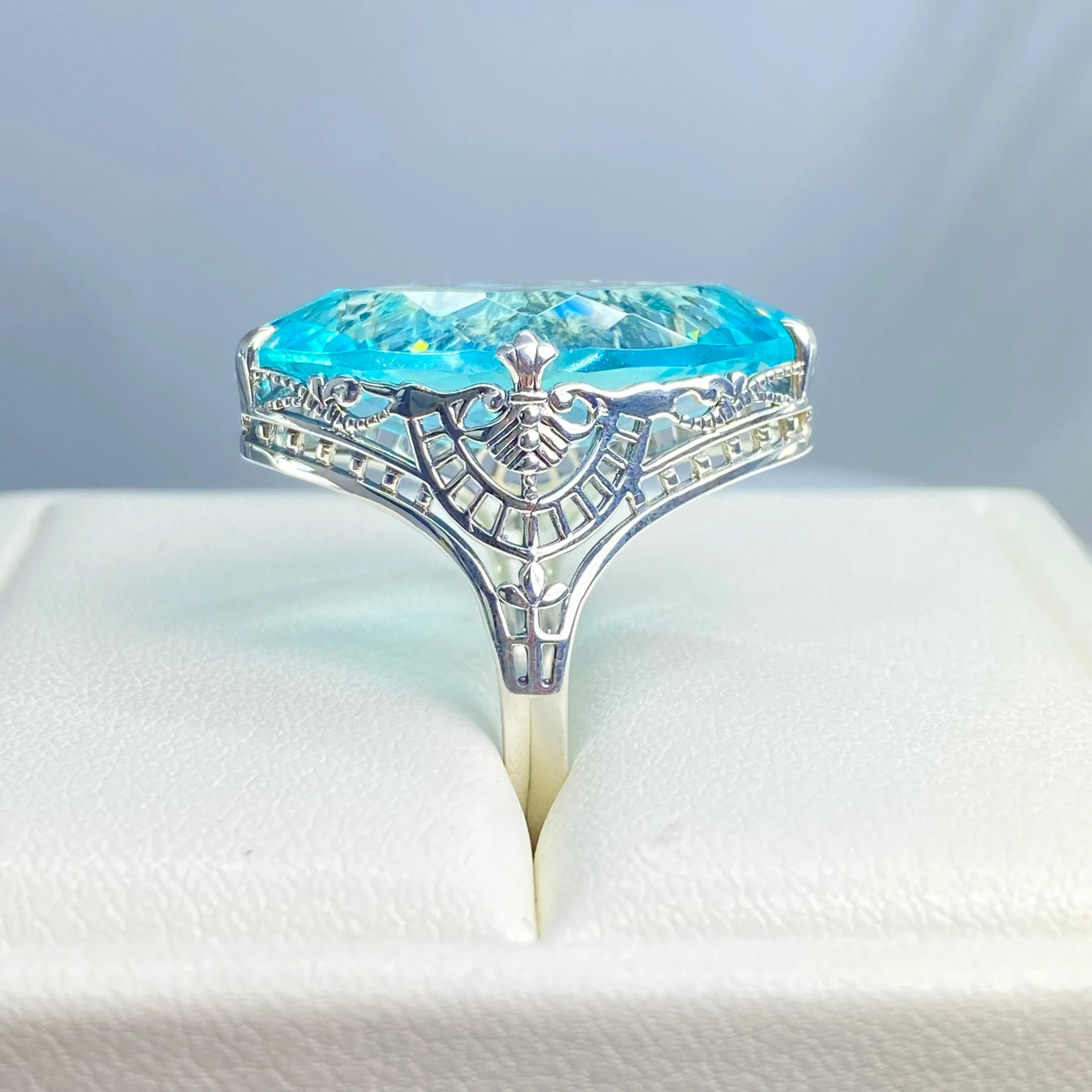 Aquamarine Ring, Marquise Cut Gemstone, Victorian Filigree Jewelry #D75
