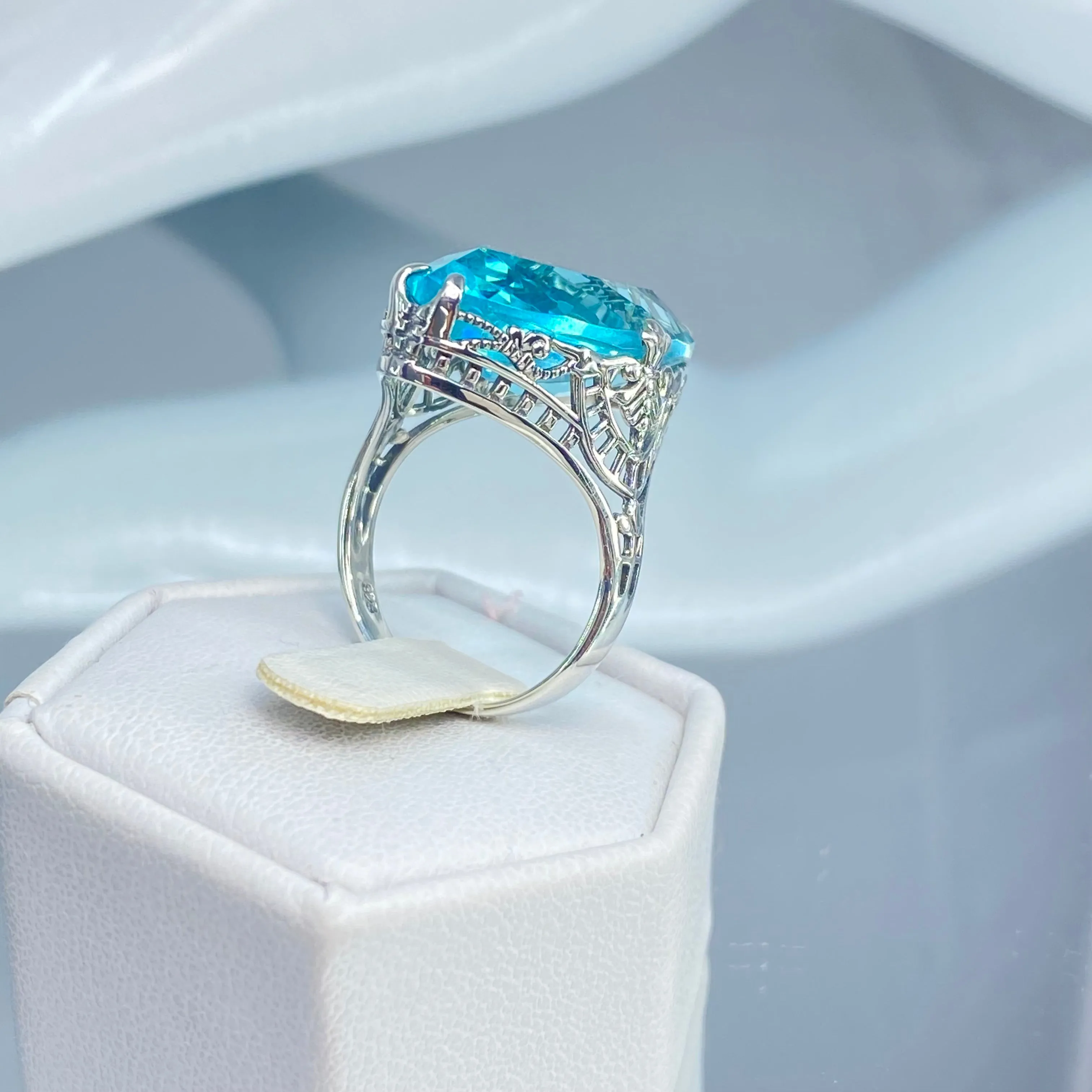 Aquamarine Ring, Marquise Cut Gemstone, Victorian Filigree Jewelry #D75