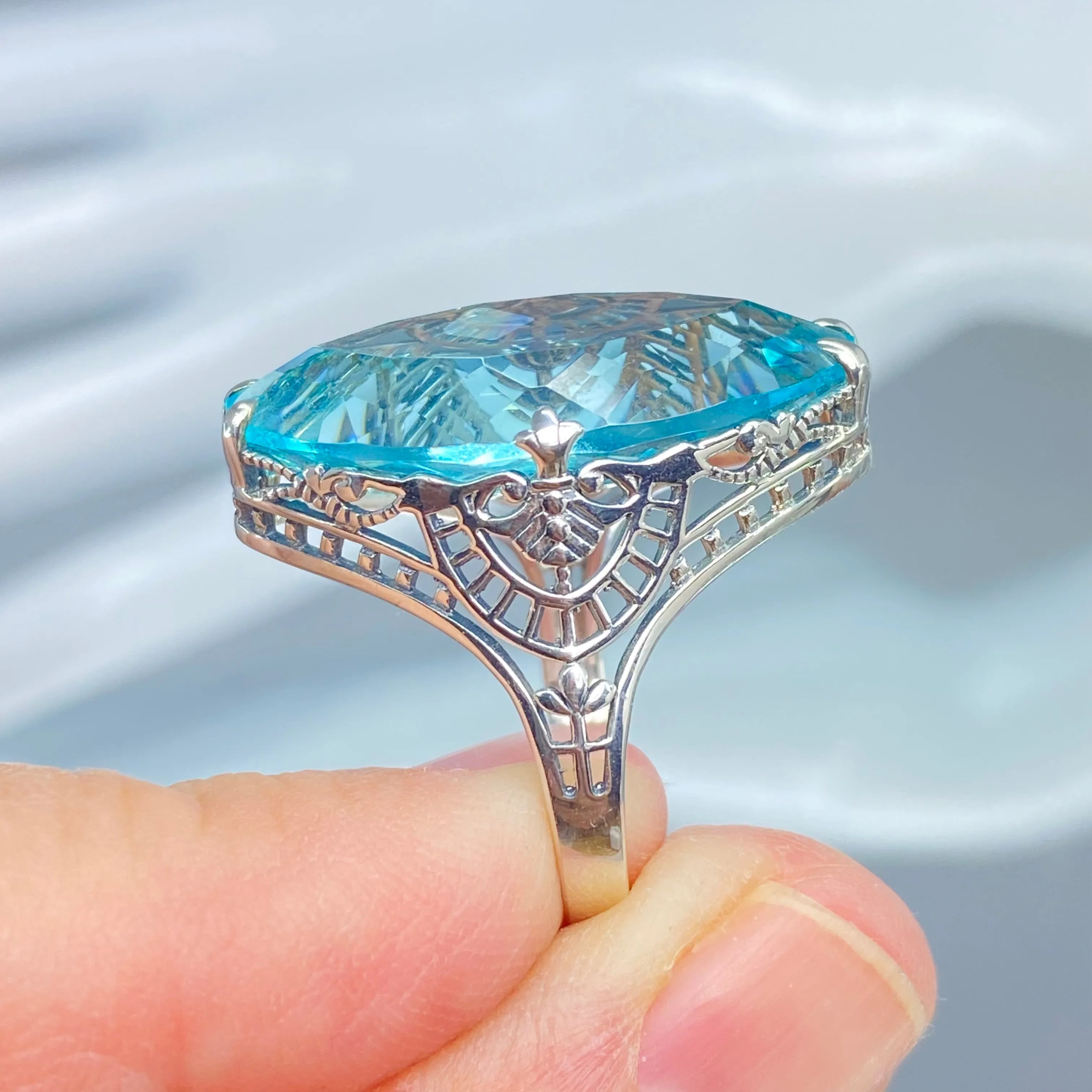Aquamarine Ring, Marquise Cut Gemstone, Victorian Filigree Jewelry #D75