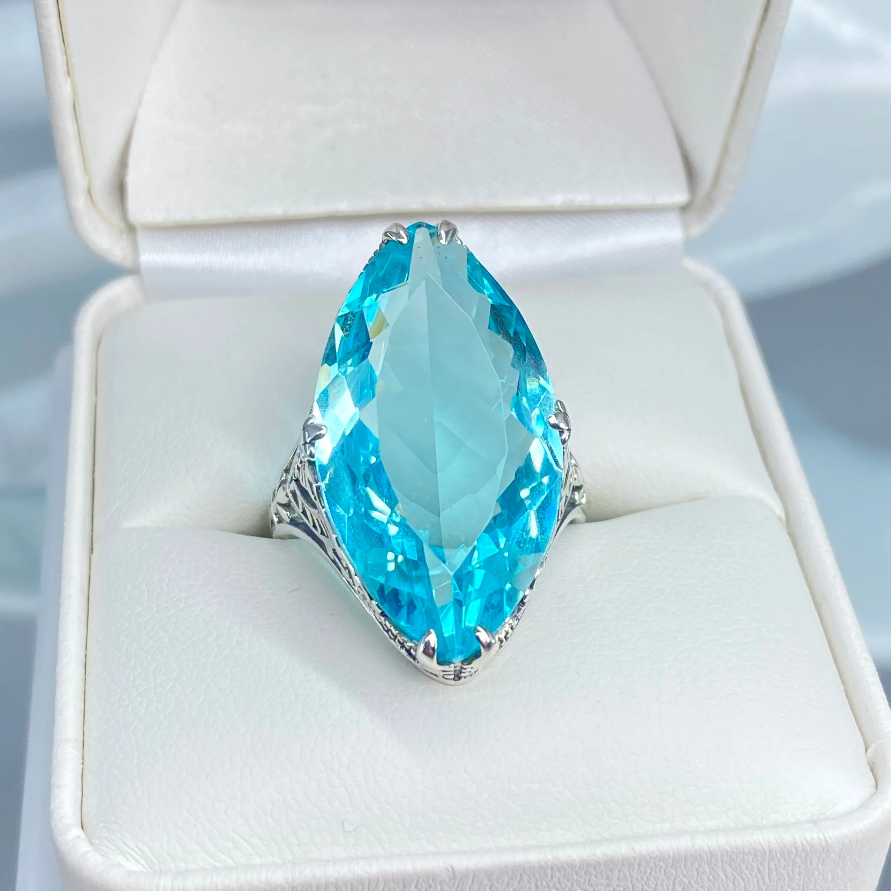 Aquamarine Ring, Marquise Cut Gemstone, Victorian Filigree Jewelry #D75