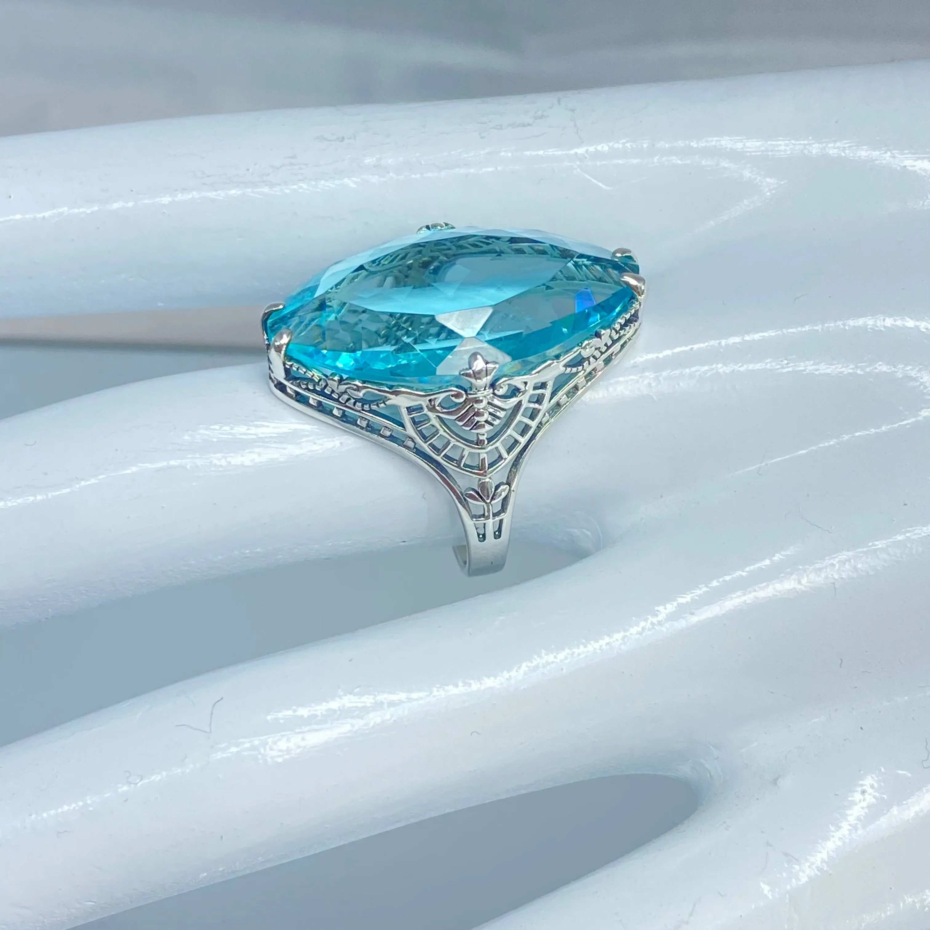 Aquamarine Ring, Marquise Cut Gemstone, Victorian Filigree Jewelry #D75