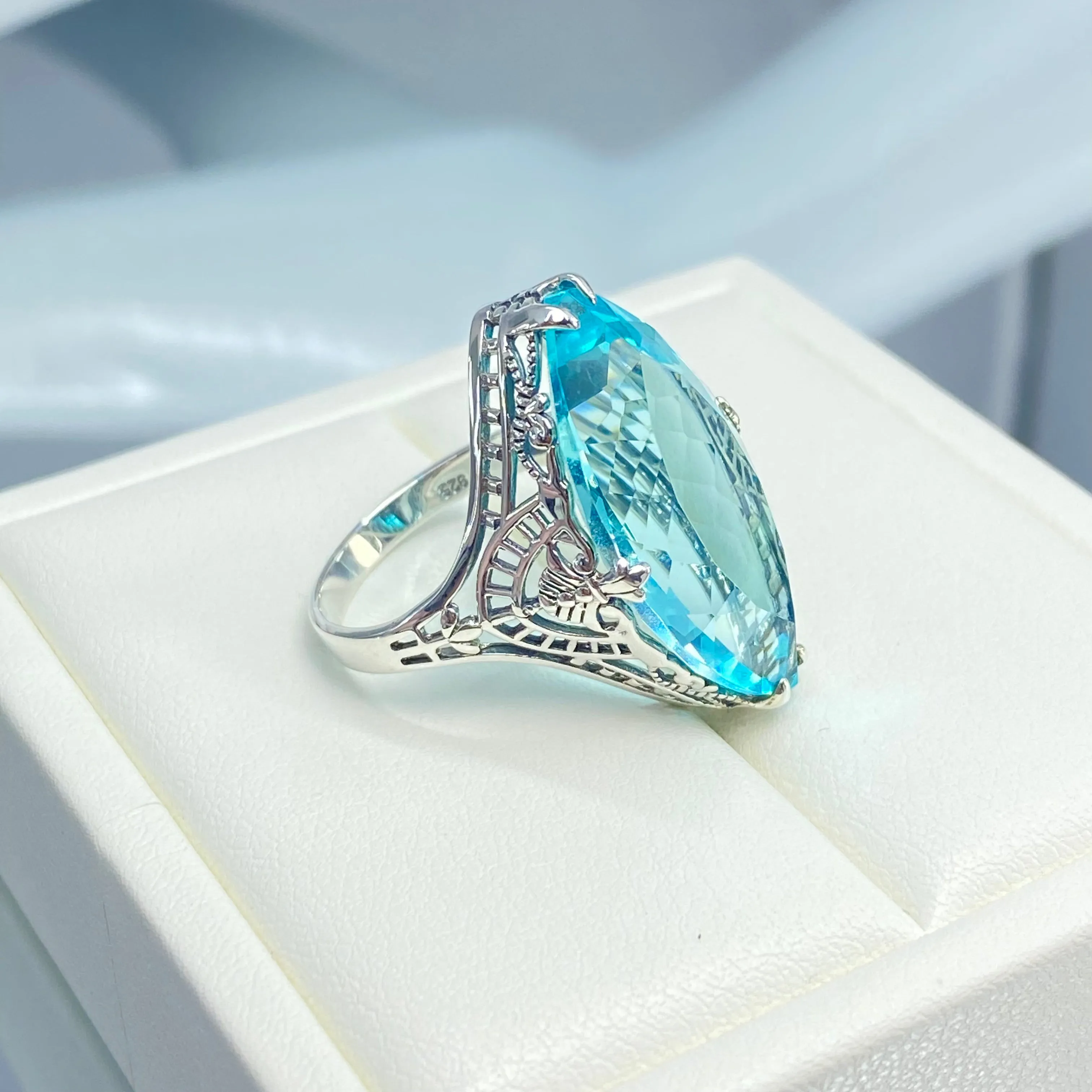Aquamarine Ring, Marquise Cut Gemstone, Victorian Filigree Jewelry #D75