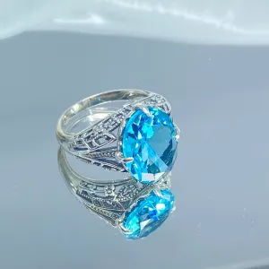 Aquamarine Ring, Oval Art Nouveau Style, Vintage Sterling Silver Filigree Ring, Vic-ATQ Ring, D65