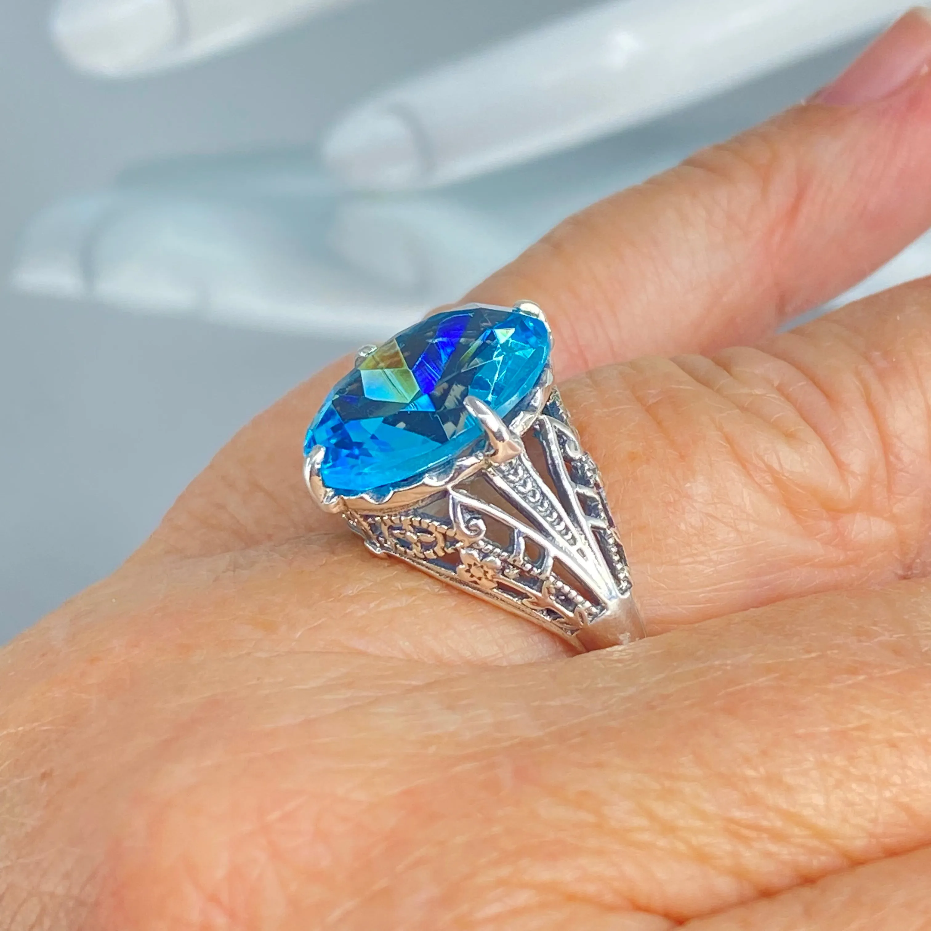 Aquamarine Ring, Size 9, Oval Art Nouveau Style, Vintage Sterling Silver Filigree Ring, Vic-ATQ Ring, D65 - Ready to Ship