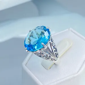 Aquamarine Ring, Size 9, Oval Art Nouveau Style, Vintage Sterling Silver Filigree Ring, Vic-ATQ Ring, D65 - Ready to Ship