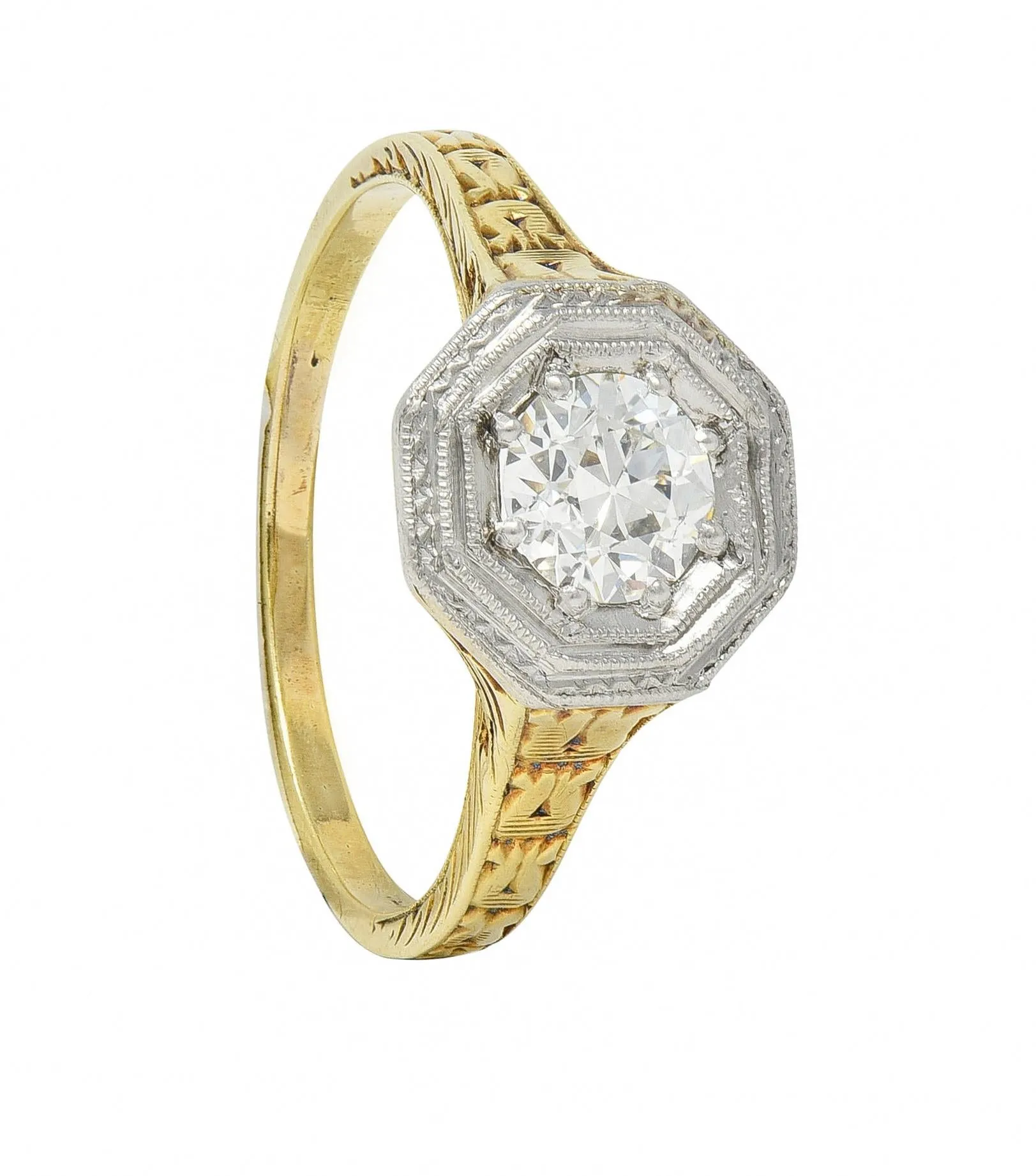 Art Deco 0.50 CTW Old European Diamond Platinum 14 Karat Gold Antique Engagement Ring
